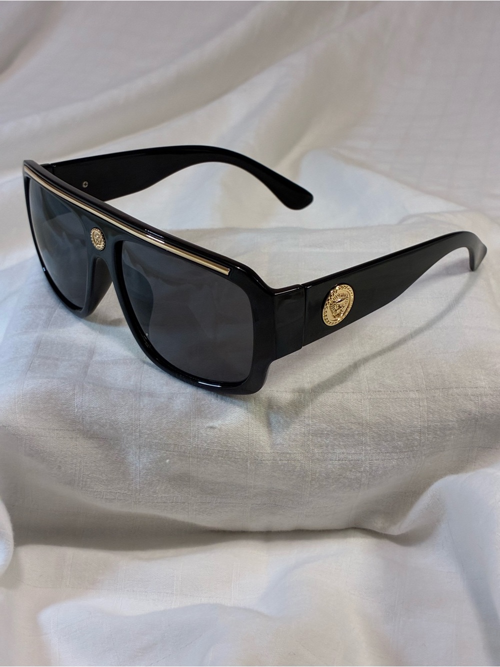 Men's Black Shield Sunglasses with Gold Accents